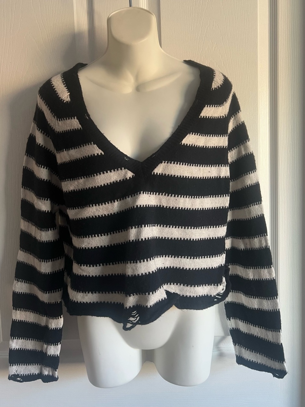 Wildfox Black and White Striped V-Neck Sweater
